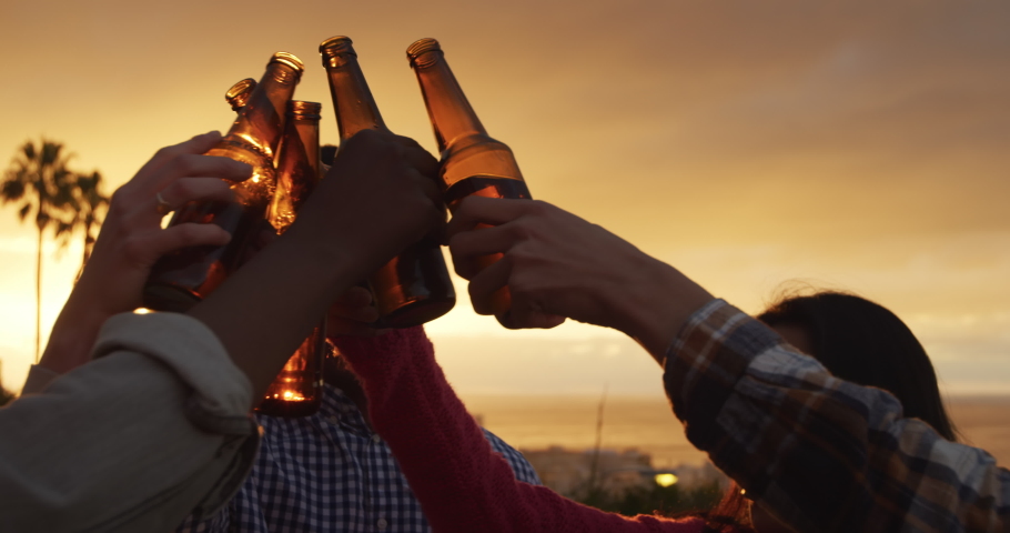 Multi-ethnic group of friends hanging out on a roof terrace together, drinking beer, making a toast, in slow motion Royalty-Free Stock Footage #1052647661