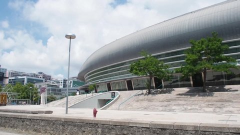 Lisbon , Lisbon / Portugal - 08 12 2018: Atlantico Pavilion (Pavilhao Atlantico), currently called MEO Arena, in Park of Nations (Parque das Nacoes) seen across the Olivais Dock