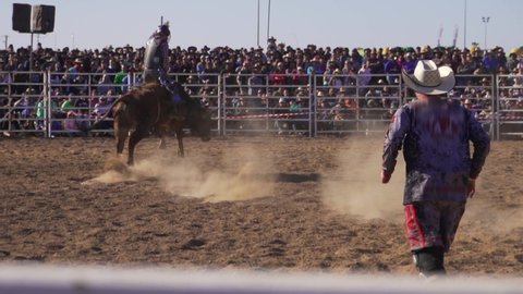 Modern Cowboy in a Rodeo. Cowboy wearing a helmet is competing in a bull riding event at an Australian country rodeo