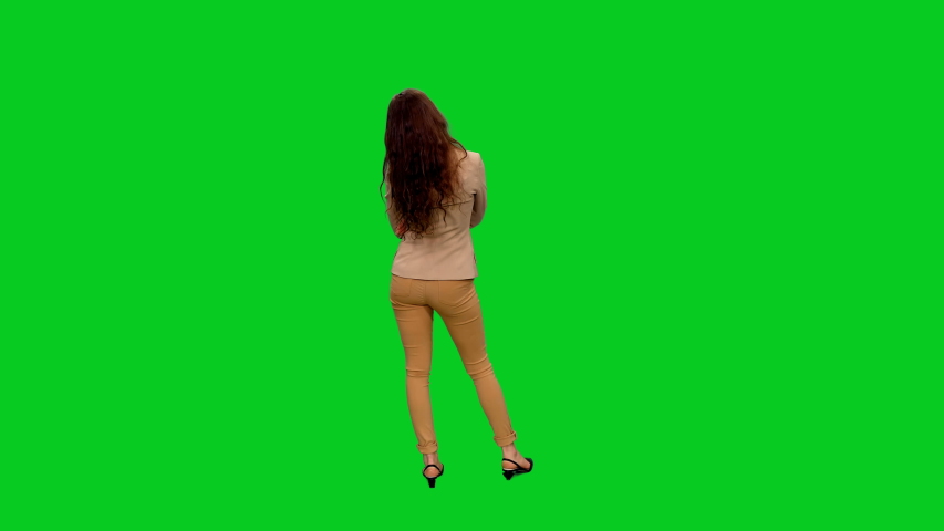 Rear view of young woman looking at exhibit objects in museum exhibition on green screen background, Full body chroma key 4k footage Royalty-Free Stock Footage #1052668004