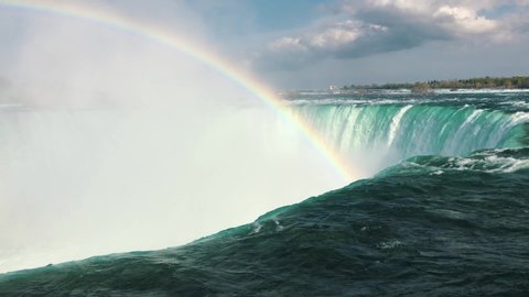 Niagara Falls, New York, USA 05/17/2019 Beautiful Horseshoe Waterfall on Sunny Day with Mist Producing a Rainbow in Niagara Falls.