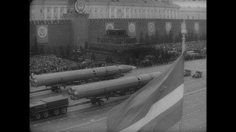CIRCA 1966 - Intercontinental and anti-aircraft missiles are driven through Red Square in Moscow as part of a military parade celebrating May Day.