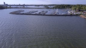 The aerial view of the docking sailboats in the port in Helsinki found in the southern coast in Finland