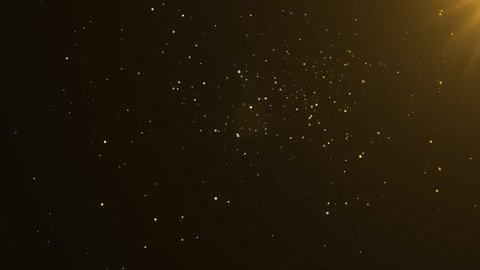 Beautiful gold shimmering
particles with lens flare on black background in slow motion. 3d Animation of Dynamic Wind Particles In The Air With Bokeh.