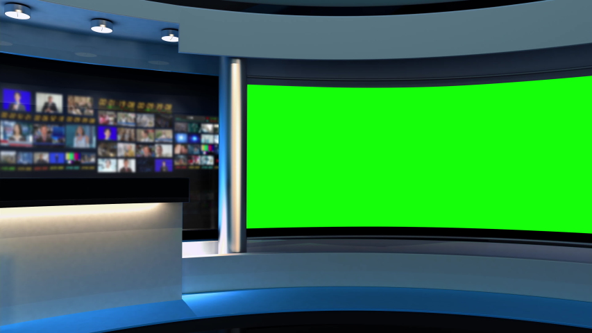Tv Studio. Studio. News studio. Newsroom Background for News Broadcasts. Blurred of studio at TV station. News channel design. Control room. 3D rendering. Green screen Royalty-Free Stock Footage #1052689346