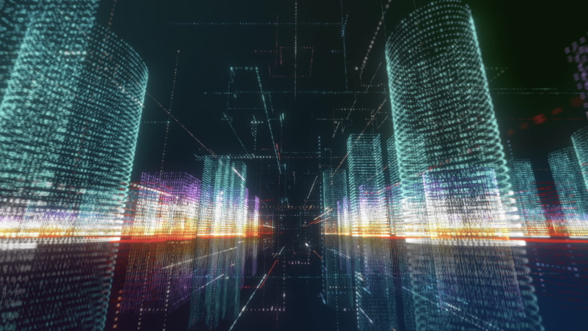 Digital City seamless loop. Abstract 3D hologram render with futuristic matrix. Flying through colored buildings with a binary code particles network. Technology and connection concept. Cyberspace | Shutterstock HD Video #1052689403