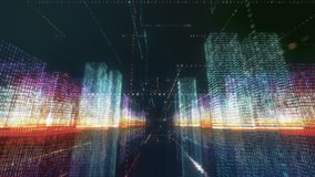 Digital City seamless loop. Abstract 3D hologram render with futuristic matrix. Flying through colored buildings with a binary code particles network. Technology and connection concept. Cyberspace - Powered by Shutterstock - Get 15% off with code: PIKWIZARD15