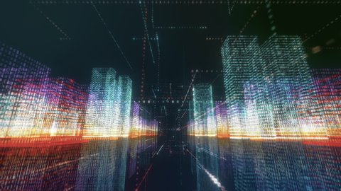 Digital City seamless loop. Abstract 3D hologram render with futuristic matrix. Flying through colored buildings with a binary code particles network. Technology and connection concept. Cyberspace