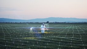 Futuristic concept of engineer using hologram panel scanning farm land. Drone analyzes the field. Smart agriculture animation, internet of things. Industrial revolution. Future technology - Powered by Shutterstock - Get 15% off with code: PIKWIZARD15