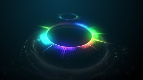 Bright glowing music equalizer animation. Dynamic trendy motion footage. Circular, radial interface HUD design. Audio waves or sound frequency colorful visualization. Seamless loop. For music party