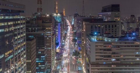 Aerial hyperlapse with heavy traffic on Av. Paulista in Sao Paulo at night