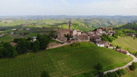 Calosso town, Costigliole d'Asti, Piedmont, Italy. Monferrato langhe wine tasting region. Aerial view