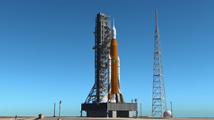 Big Heavy Rocket (Space Launch System) Launch From Launchpad At Cape Canaveral. Full 3D Animation. 4K. Ultra High Definition. 3840x2160.