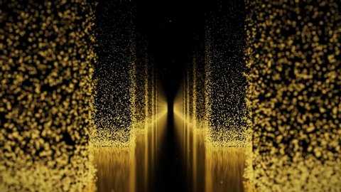 Rising golden particle pillars. Wonderful dark golden hall with pillars of particles and reflective floor. Seamlessly looped background. Bright version in my portfolio