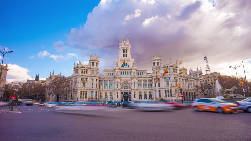 cloudy day madrid city famous post office building 4k time lapse spain