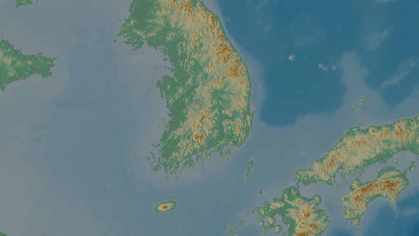 Incheon, metropolitan city with its capital, zoomed and extruded on the relief map of South Korea in the conformal Stereographic projection