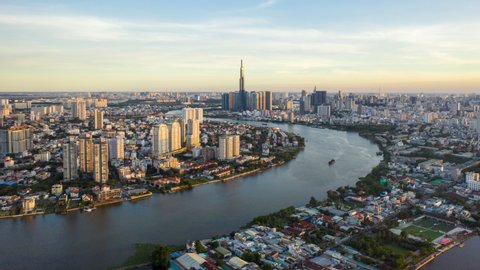 Ho Chi Minh City, Vietnam - May 07, 2020 : Aerial Hyper lapse in Thao Dien ward and Landmark 81 in sunset