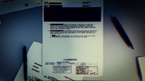 Top Secret concept background. Mystery documents of fbi or cia on a grey table and shadows playing on it.