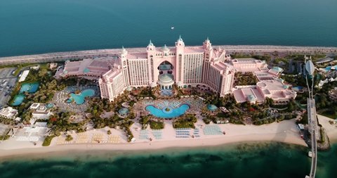 Dubai, United Arab Emirates - June 5, 2019: Atlantis luxury hotel at the Palm island in Dubai aerial view