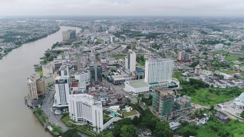 Kuching, Sarawak, Malaysia | June 2018 | Wide aerial drone video of Kuching town centre.