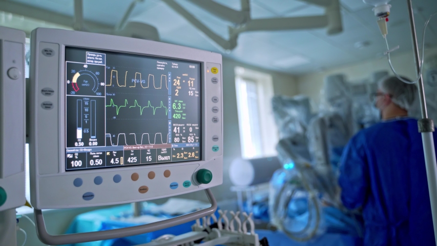 Screen of a monitor showing vital signs of a patient. Health monitor in intensive care unit show normal vital signs of a patient. Health care concept. Royalty-Free Stock Footage #1052717525