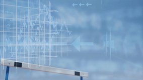 Animation of a grid, arrows and statistics over African American man wearing a suit jumping over a hurdle. Coronavirus Covid-19 pandemic concept digital composite - Powered by Shutterstock - Get 15% off with code: PIKWIZARD15