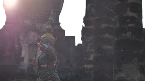The character of giant from Khon-Thai culture named Tosakan from Ramayana or Ramakien. The traditional dance of arts perform at Ancient temple in Sukhothai period.