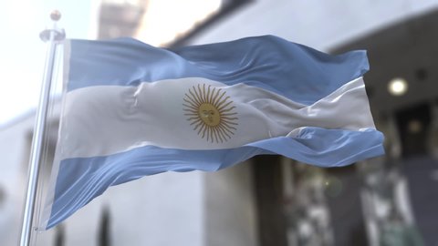 Argentina flag waving with business building background . High Definition 3D Render.