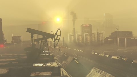 Oil pump rocker in industrial area, heavy smog, cargo train moving in dirty city