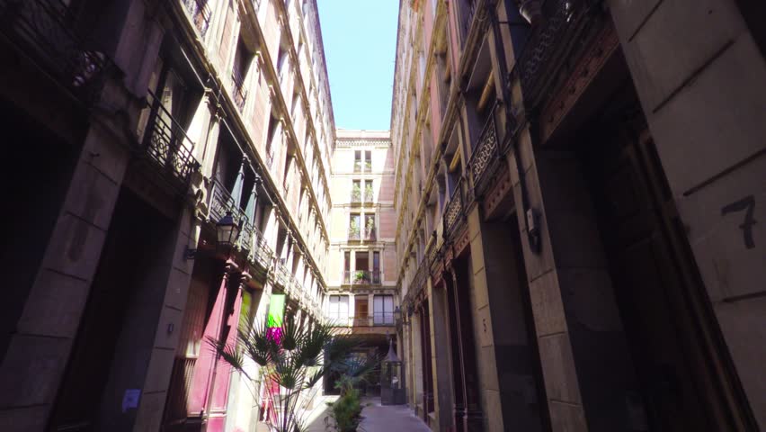 BARCELONA, SPAIN, CIRCA MAY 2015: POV, walking on narrow streets of Barrio Gotico, steadicam.
 | Shutterstock HD Video #10527251