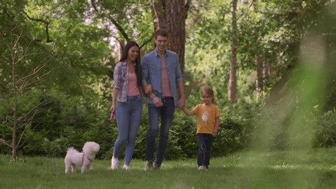 Beautiful happy family is walking with bichon dog outdoors in the park
