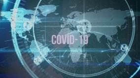 Animation of a word Covid-19 flashing over a world map with a web of connection between people on different continents. Coronavirus Covid-19 pandemic concept digital composite - Powered by Shutterstock - Get 15% off with code: PIKWIZARD15