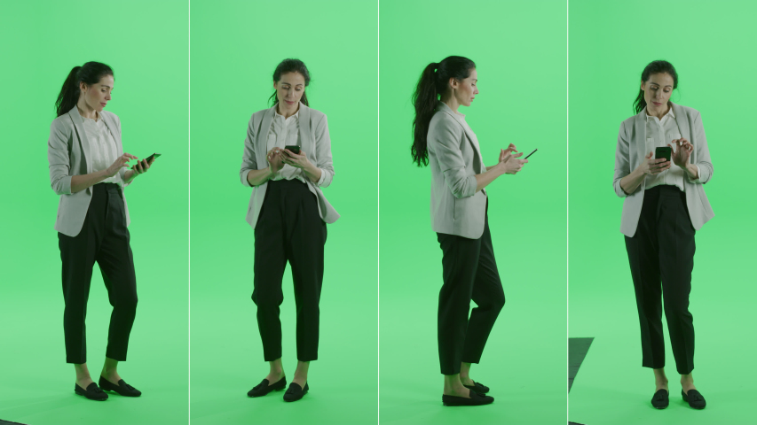 4-in-1 Split Green Screen Montage: Stylish Beautiful Woman Wearing Rolled Up Sleeves Jacket Uses Smartphone. Multiple Angle Separate Shots in One. Multiple Split Screen Chroma Key Royalty-Free Stock Footage #1052730878