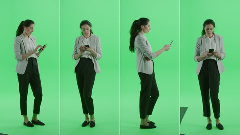 4-in-1 Split Green Screen Collage: Stylish Beautiful Woman Wearing Rolled Up Sleeves Jacket Uses Smartphone. Multiple Angle Separate Shots in One. Multiple Split Screen Chroma Key