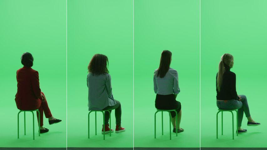 4-in-1 Green Screen Collage: Four Beautiful Women of Diverse Background, Ethnicity, Different Age, Style Sitting on the Chroma Key Chair. Side Back View Split Screen. Multiple Clips Best Value Pack Royalty-Free Stock Footage #1052730923