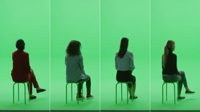 4-in-1 Green Screen Collage: Four Beautiful Women of Diverse Background, Ethnicity, Different Age, Style Sitting on the Chroma Key Chair. Side Back View Split Screen. Multiple Clips Best Value Pack