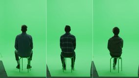 3-in-1 Green Screen Collage: Three Handsome Men of Diverse Background, Ethnicity, Different Age, Style Sitting on the Chroma Key Chair. Back View Split Screen. Multiple Clips Best Value Pack