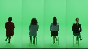 4-in-1 Green Screen Collage: Four Beautiful Women of Diverse Background, Ethnicity, Different Age, Style Sitting on the Chroma Key Chair. Back View Split Screen. Multiple Clips Best Value Pack