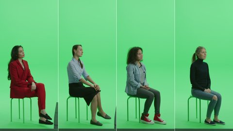 5-in-1 Green Screen Collage: Five Portraits of Beautiful Women of Diverse Background, Ethnicity, Different Age Sitting on the Chroma Key Chair. Side View Split Screen. Multiple Clips Best Value Pack