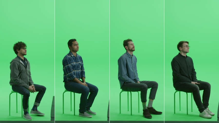 4-in-1 Green Screen Collage: Four Portraits of Handsome Men of Diverse Background, Ethnicity, Different Age Sitting on the Chroma Key Chair. Side View Split Screen. Multiple Clips Best Value Pack Royalty-Free Stock Footage #1052730944