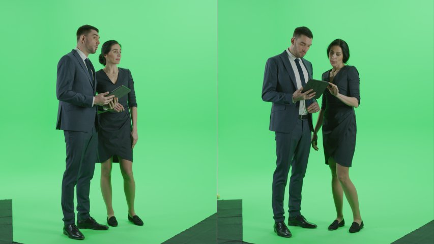 2-in-1 Green Screen Collage: Beautiful Businesswoman and Handsome Businessman, Standing, Talking, Holding Laptop Computer and Using it. Multiple Angle Best Value Package: Front and Views Royalty-Free Stock Footage #1052731025