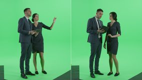 2-in-1 Green Screen Collage: Beautiful Businesswoman and Handsome Businessman, Standing, Talking, Holding Laptop Computer and Using it. Multiple Angle Best Value Package: Front and Views - Powered by Shutterstock - Get 15% off with code: PIKWIZARD15
