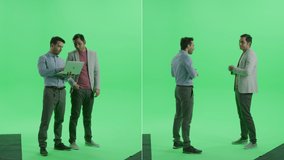 2-in-1 Green Screen Collage: Two Diverse Businessmen of Different Ethnicity, Standing, Using Laptop Computer, Talking, Discussing Business Deal, Doing Web Design. Multiple Angle Package: Side, Fron