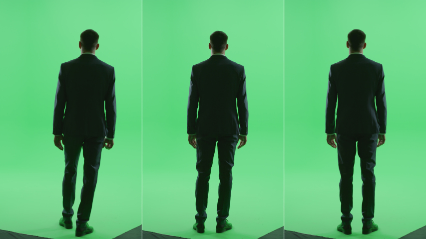 3-in-1 Green Screen Collage: Businessman Wearing Suit, Standing, Waiting, Looking around with Hands in Pockets. Best Value Package with Multiple Back View Shots. Chroma Key Background Montage Royalty-Free Stock Footage #1052731037