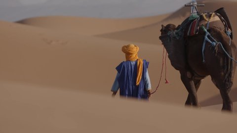 Sahara desert, Morocco Nomad is walking with his camel through the dunes of the desert. Beautiful sand. The male lives as nomad in the desert.