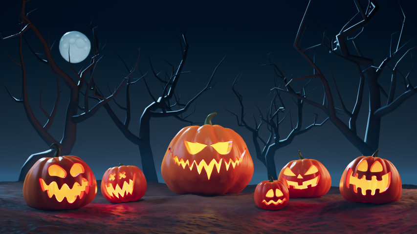 Six carved pumpkins lie on the ground at night, the biggest and the scariest one comes to life and laughs hysterically until it explodes into pieces. Spooky Halloween-themed 3D animation. | Shutterstock HD Video #1052742116