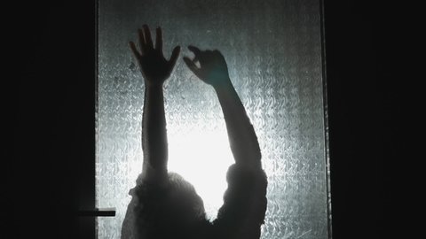 A handheld shot of a scary silhouette of a person or creature climbs up the glass door, then falls down.