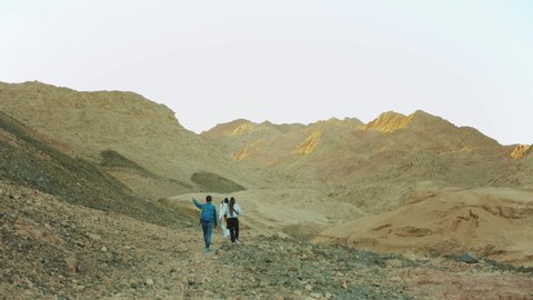Group of tourist walk along the rock canyon in hot desert. Desert rocks background, Egypt, Sinai, slow motion, 4k