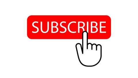 Hand pushing the red button subscribe. Subscribe button. Video 4K. Video with alpha channel and transparent background. Clicking subscribe button.