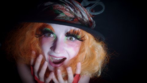 4k Woman Dressed up as Madhatter Posing Happy